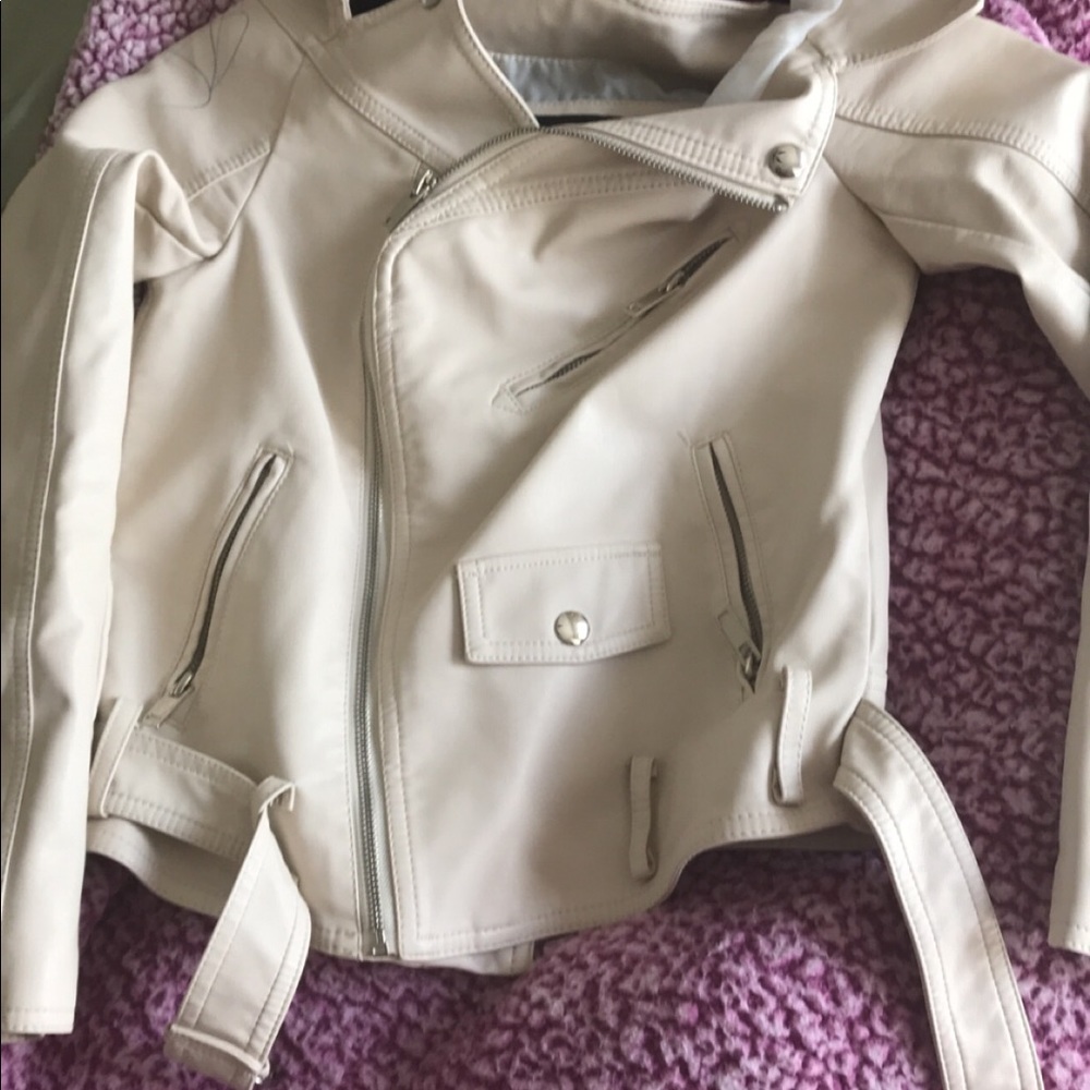 Creme leather off shoulder jacket